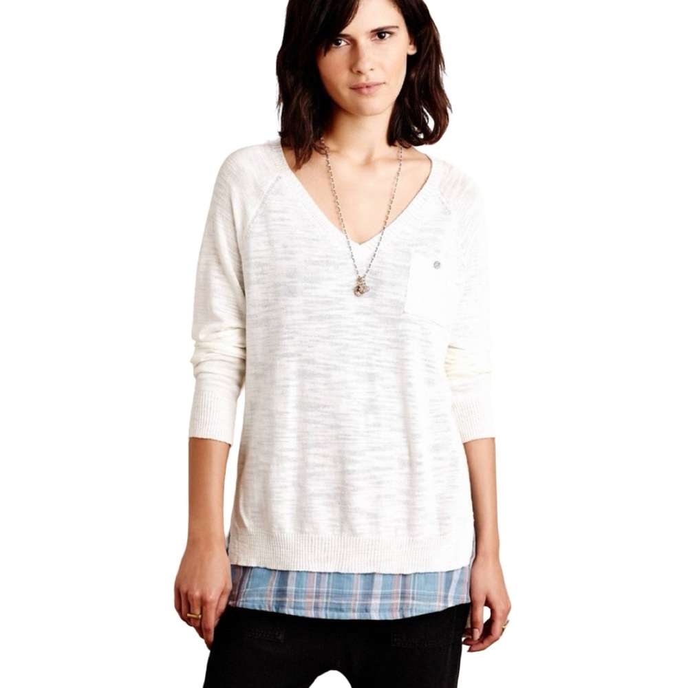 MOTH | Anthropologie Two Layered Plaid Hem Long Sleeve Lightweight Tunic Sweater